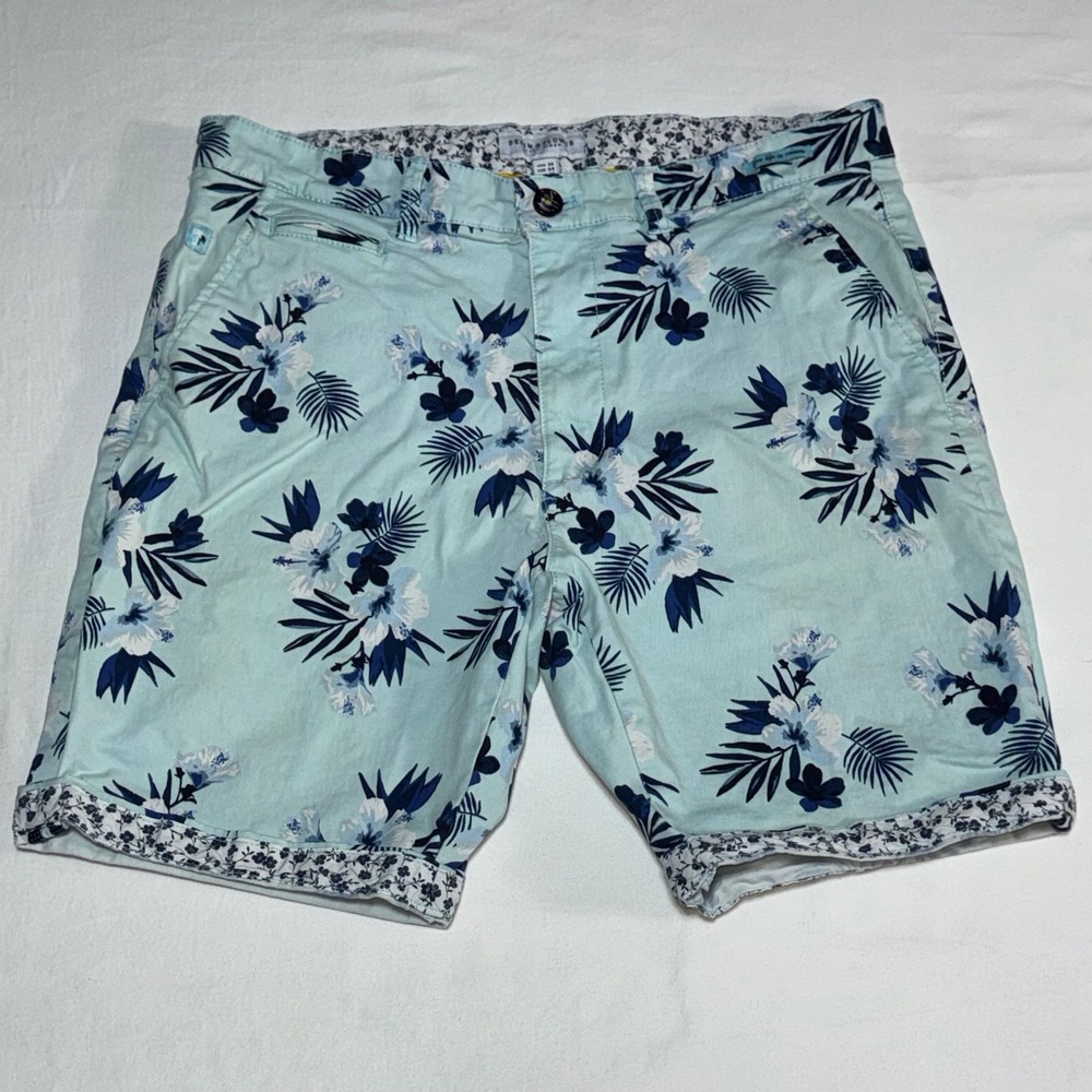 Denim & Flower Ricky Singh Chino Shorts Mens 34 Tropical Floral Beachwear Blue